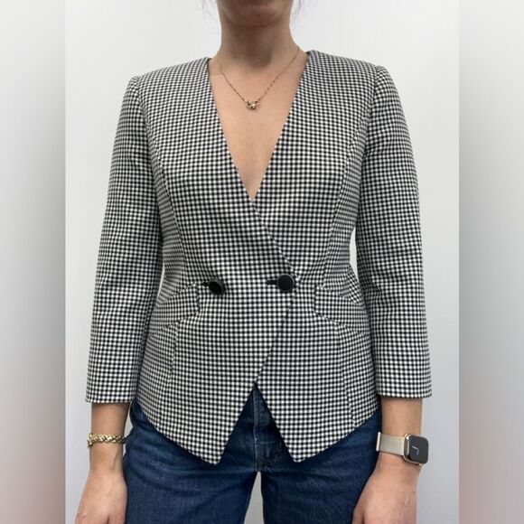WHBM Black & White Checkered Plaid Double Breast Blazer Split Hem V-neck Size 4P - Picture 1 of 9